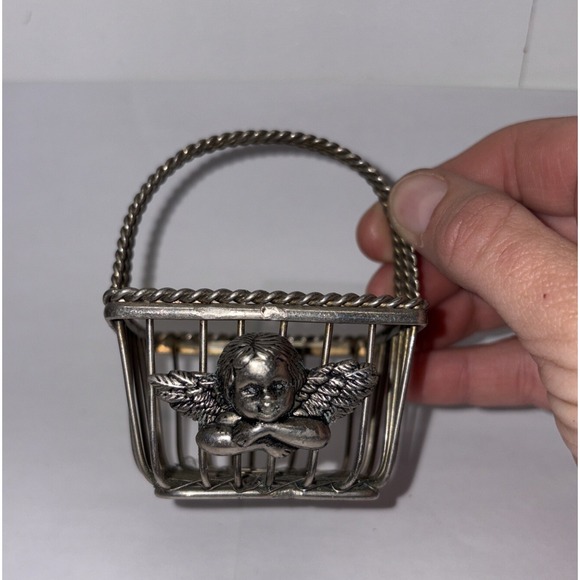 Department 56 Silver Plated‎ Miniature Wire Basket With Angel Cherub 3.5 Inch - Picture 1 of 4